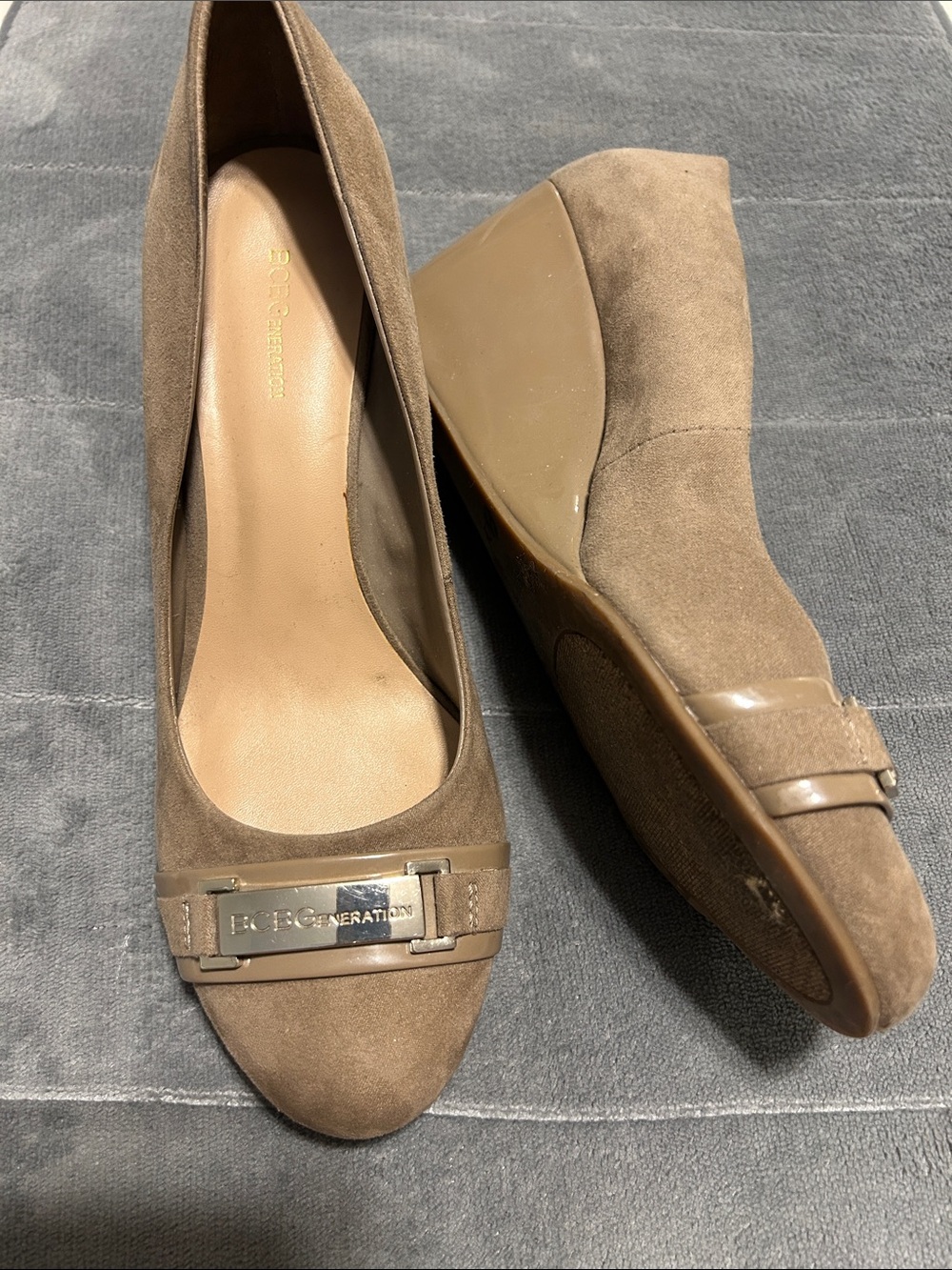 BCBGeneration Taupe Suede like Wedge Heels with Logo Plaque